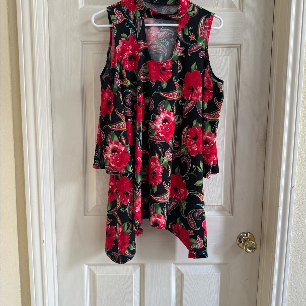 Slinky Brand Black and Red Floral Blouse